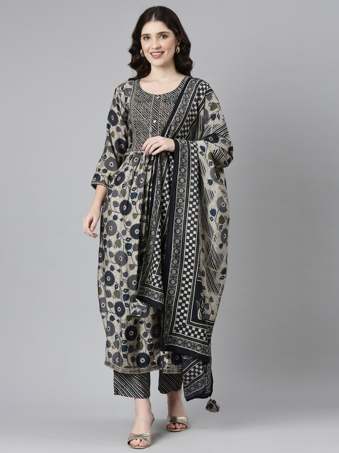 Neerus Grey printed straight kurta set with trousers and dupatta - front view