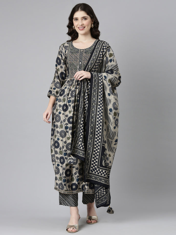 Neerus Grey printed straight kurta set with trousers and dupatta - front view