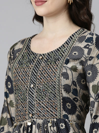 Neerus Grey Pleated Straight Printed Kurta And Trousers With Dupatta