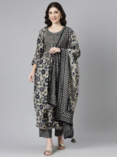 Neerus Grey Pleated Straight Printed Kurta And Trousers With Dupatta