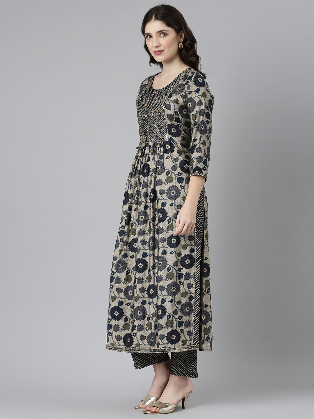 Neerus Grey Pleated Straight Printed Kurta And Trousers With Dupatta