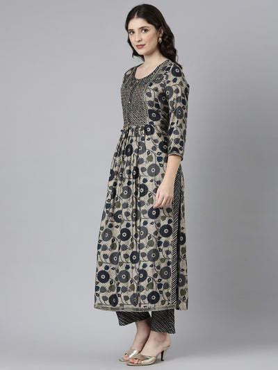 Neerus Grey Pleated Straight Printed Kurta And Trousers With Dupatta