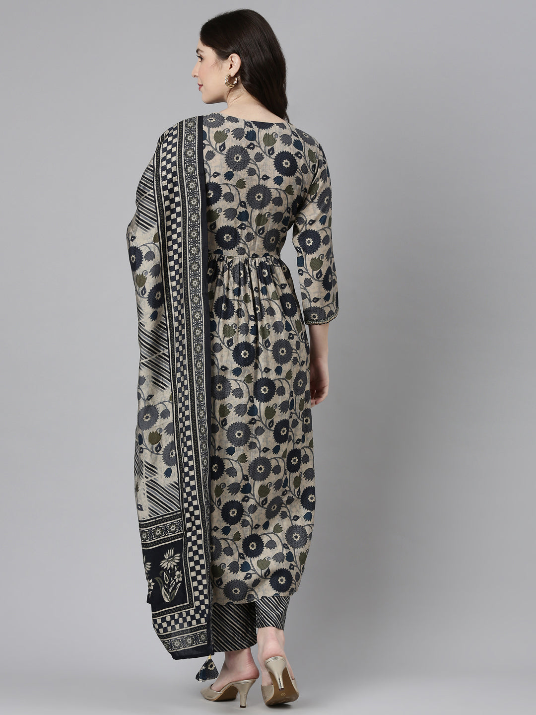 Neerus Grey Pleated Straight Printed Kurta And Trousers With Dupatta