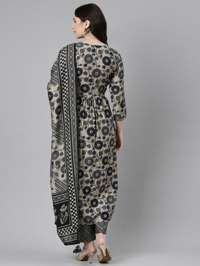 Neerus Grey Pleated Straight Printed Kurta And Trousers With Dupatta