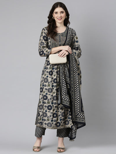 Neerus Grey Pleated Straight Printed Kurta And Trousers With Dupatta