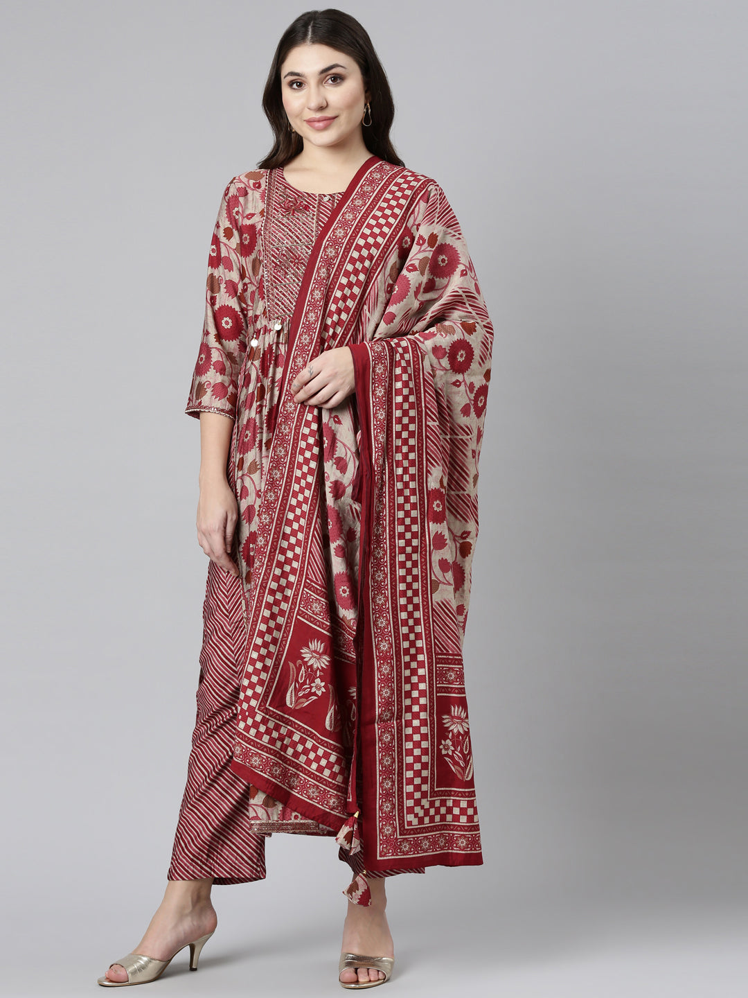 Neerus Maroon printed straight suit set - front view