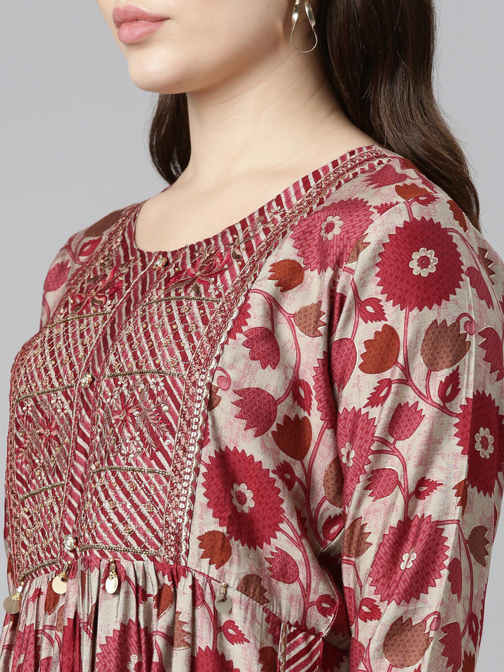 Neerus Maroon printed straight suit set - detail view 1