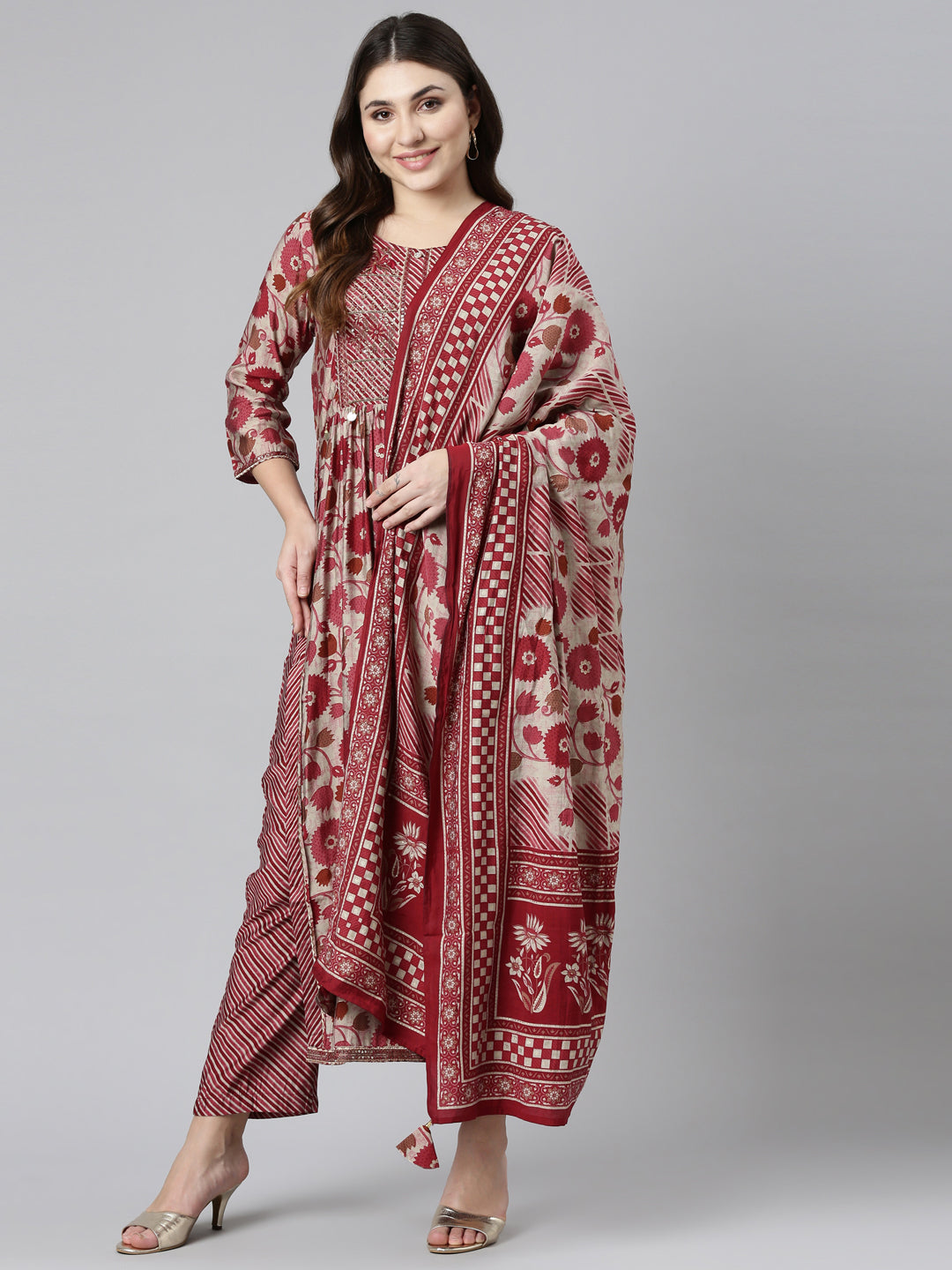 Neeru's Maroon Pleated Straight Printed Readymade suits