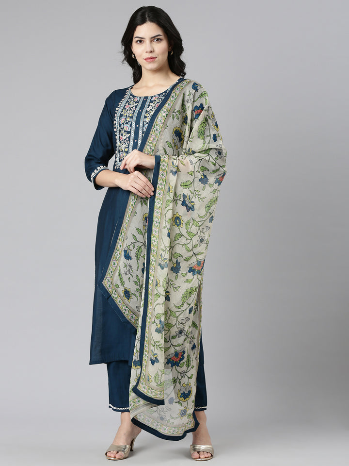 Neerus Green Regular Straight Solid Kurta And Trousers With Dupatta