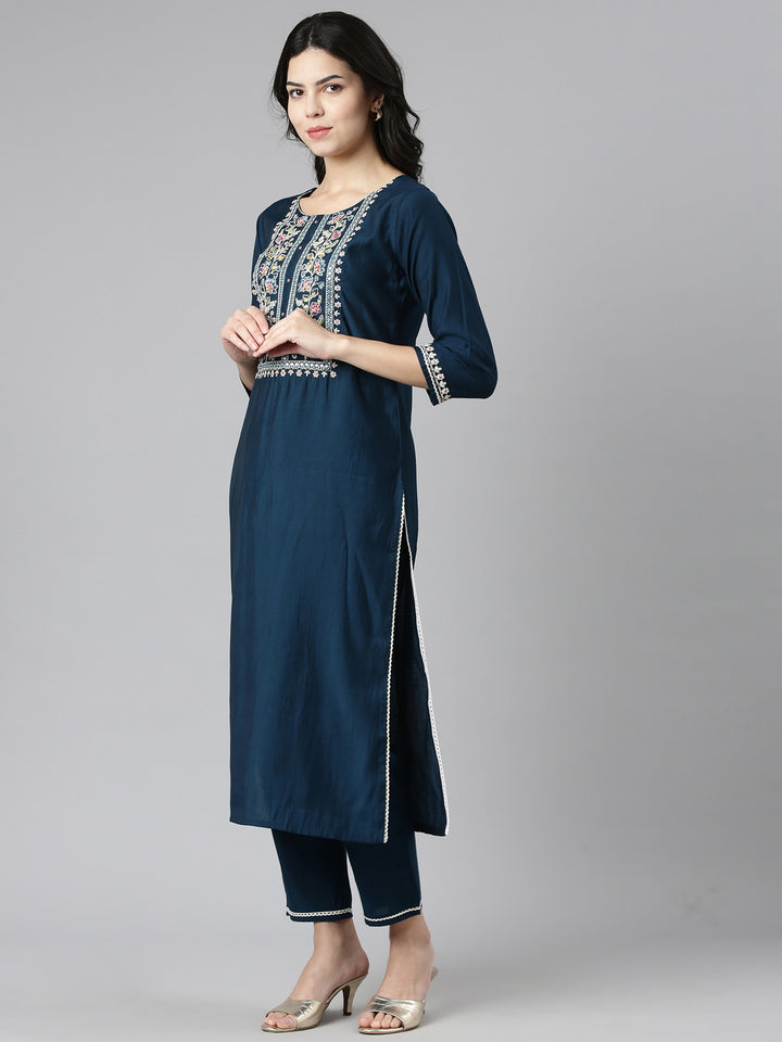 Neerus Green Regular Straight Solid Kurta And Trousers With Dupatta