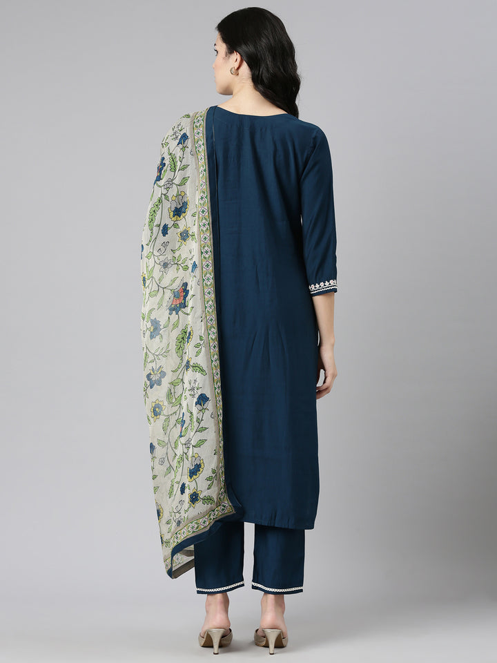 Neerus Green Regular Straight Solid Kurta And Trousers With Dupatta
