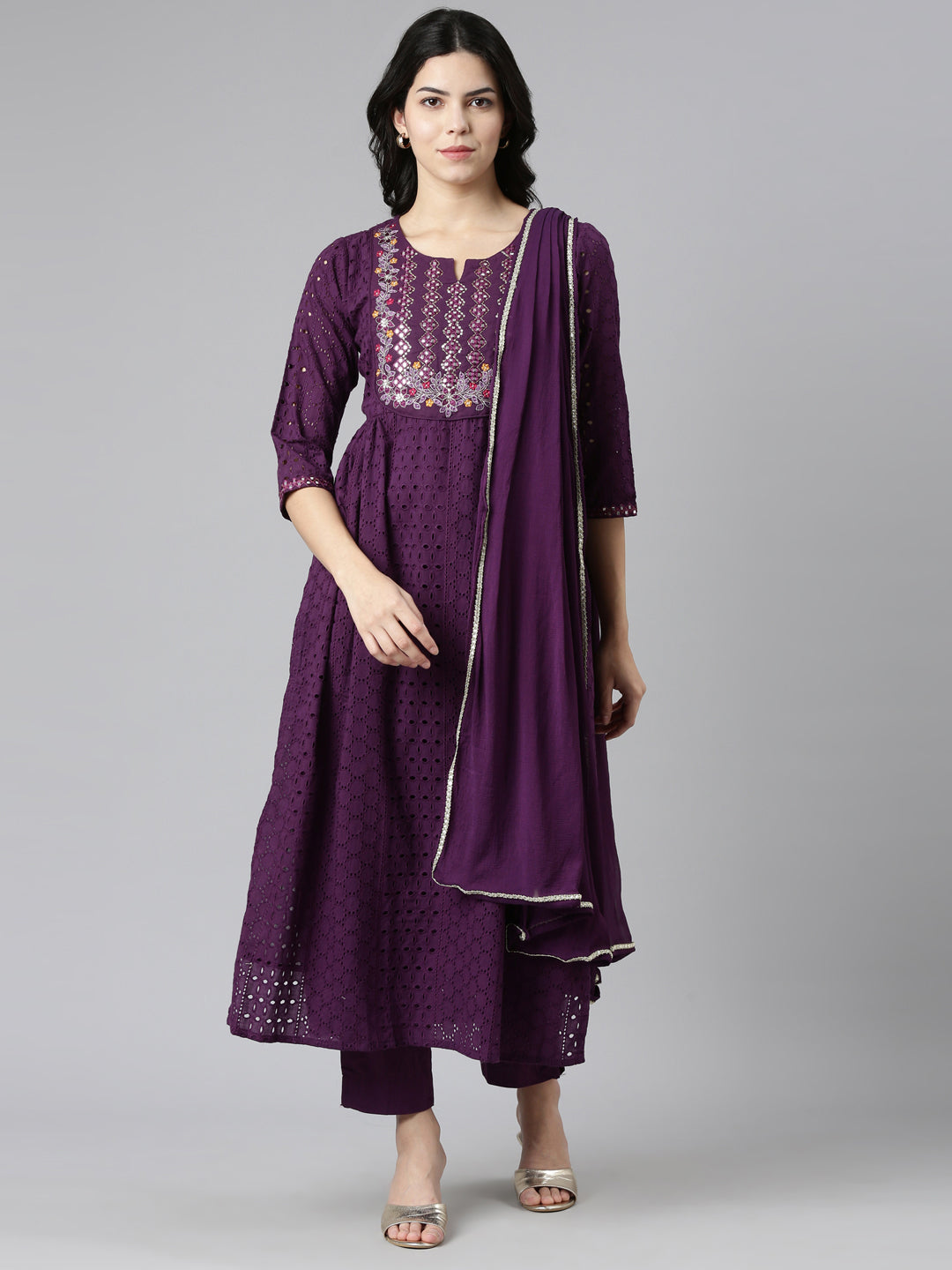 Neerus Purple embroidered straight kurta set with dupatta - front view