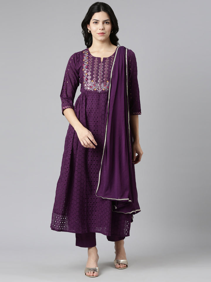 Neerus Purple embroidered straight kurta set with dupatta - front view