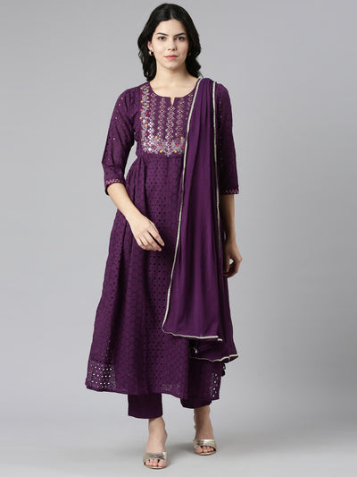 Neeru's Purple Pleated Straight Embroidered Kurta And Trousers With Dupatta