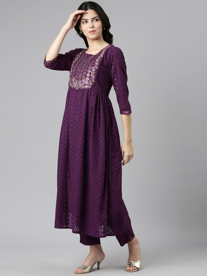Neerus Purple embroidered straight kurta set with dupatta - back view
