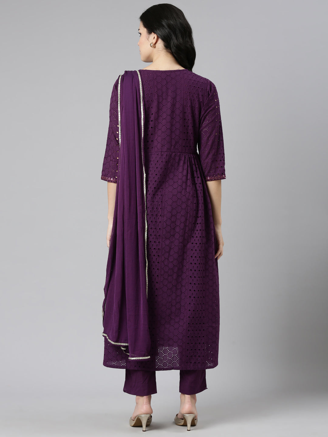 Neerus Purple embroidered straight kurta set with dupatta - side view