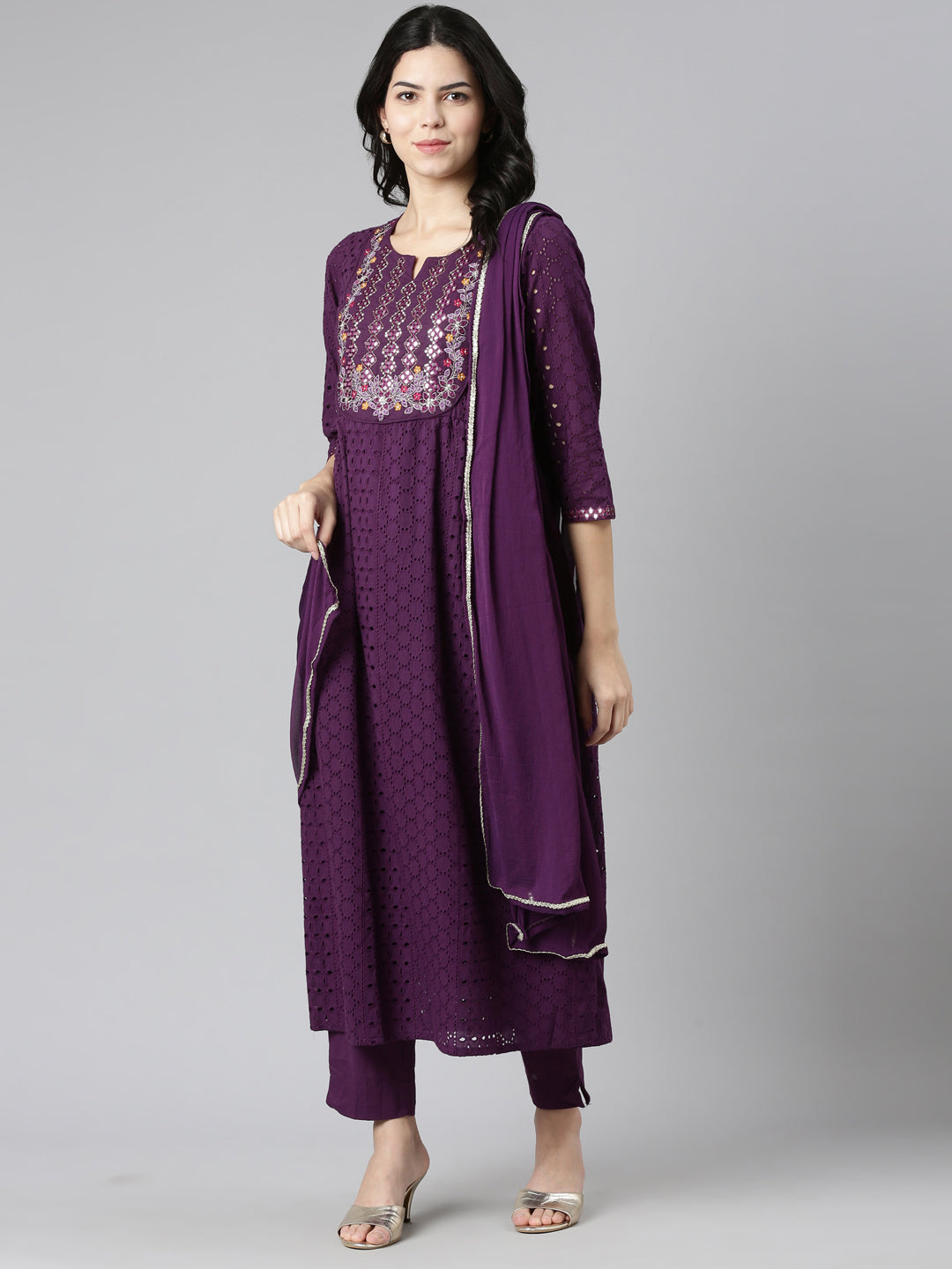 Neerus Purple embroidered straight kurta set with dupatta - detail view 2