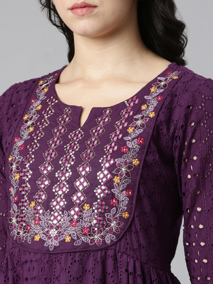 Neerus Purple embroidered straight kurta set with dupatta - detail view 1