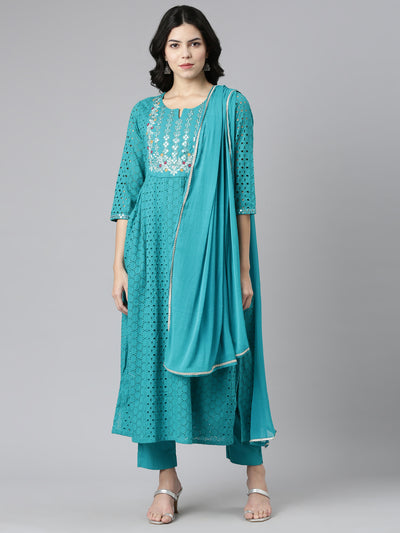 Neerus Green Pleated Straight Embroidered Kurta And Trousers With Dupatta