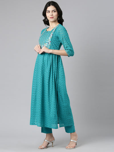 Neerus Green Pleated Straight Embroidered Kurta And Trousers With Dupatta