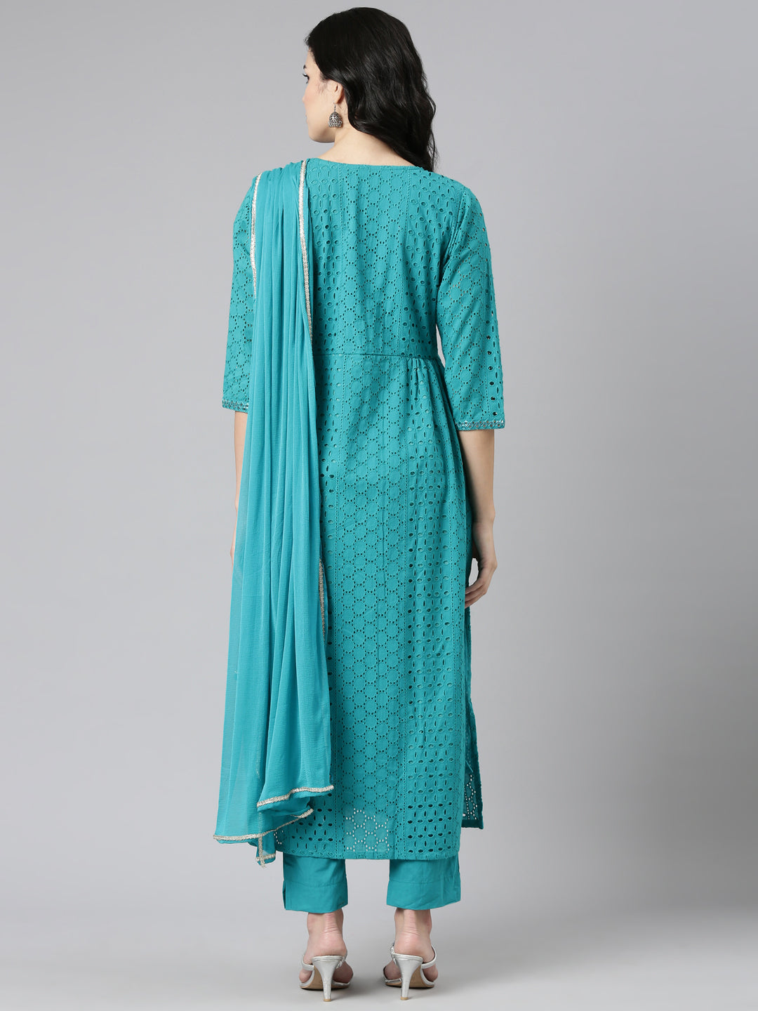 Neerus Green Pleated Straight Embroidered Kurta And Trousers With Dupatta