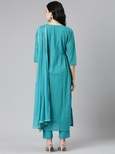 Neerus Green Pleated Straight Embroidered Kurta And Trousers With Dupatta