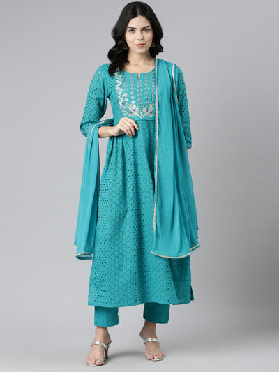 Neerus Green Pleated Straight Embroidered Kurta And Trousers With Dupatta