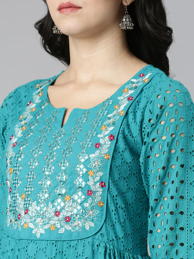 Neerus Green Pleated Straight Embroidered Kurta And Trousers With Dupatta