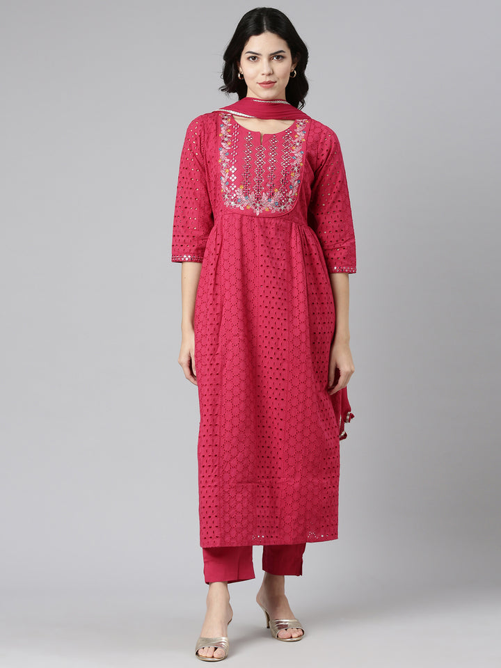 Neerus Pink embroidered straight kurta set with dupatta - front view
