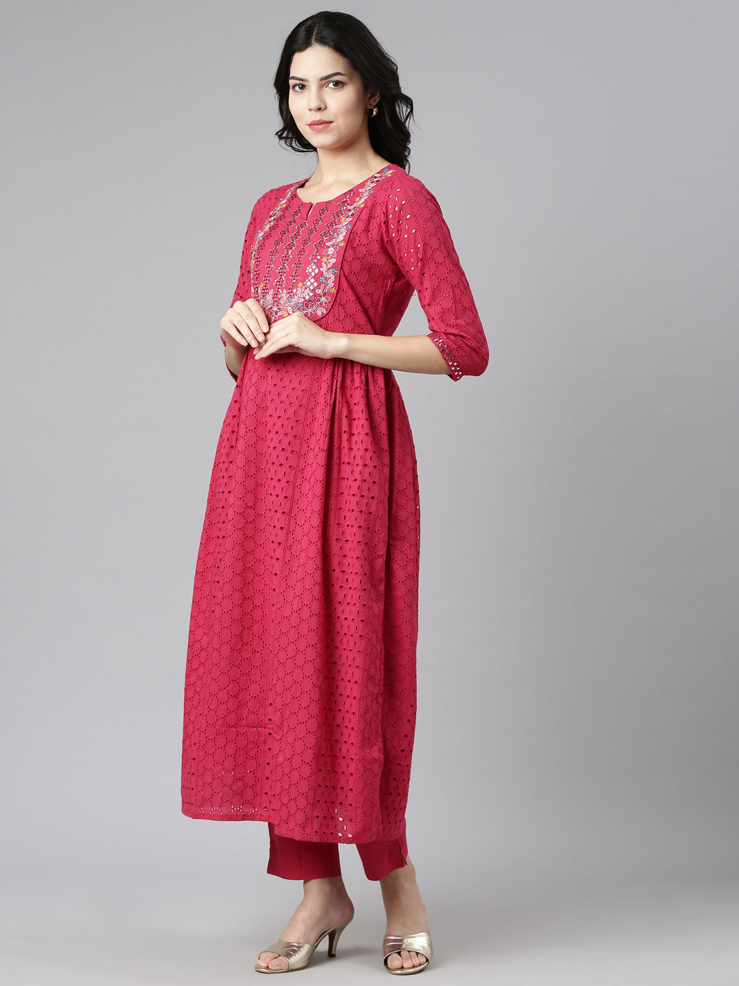 Neerus Pink embroidered straight kurta set with dupatta - back view