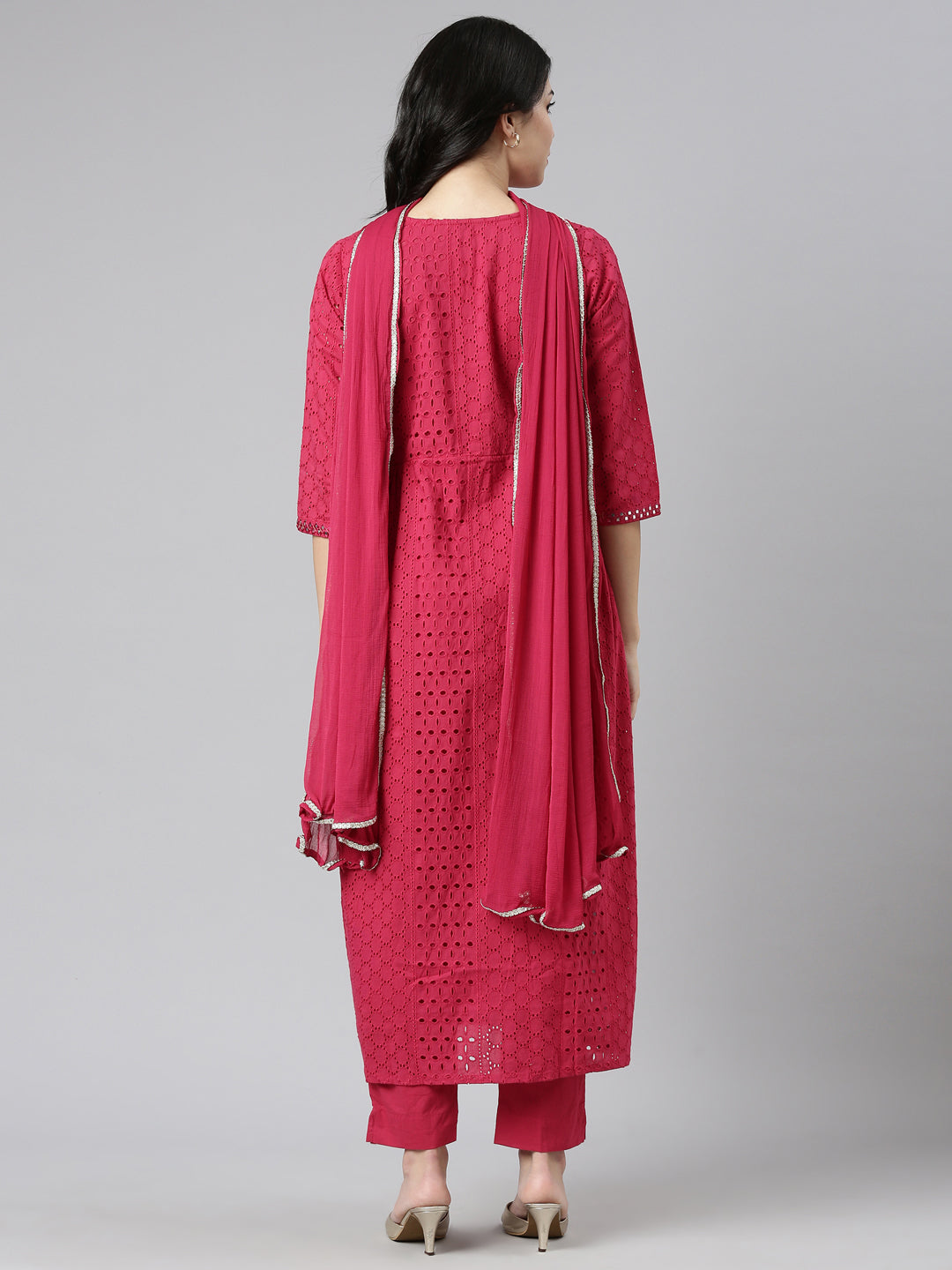 Neerus Pink embroidered straight kurta set with dupatta - side view