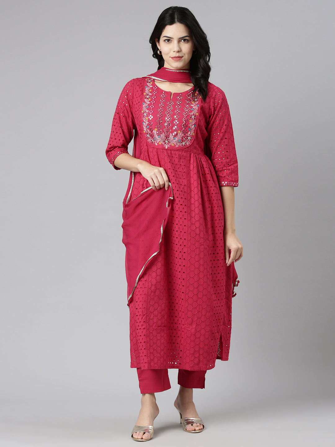 Neerus Pink embroidered straight kurta set with dupatta - detail view 2