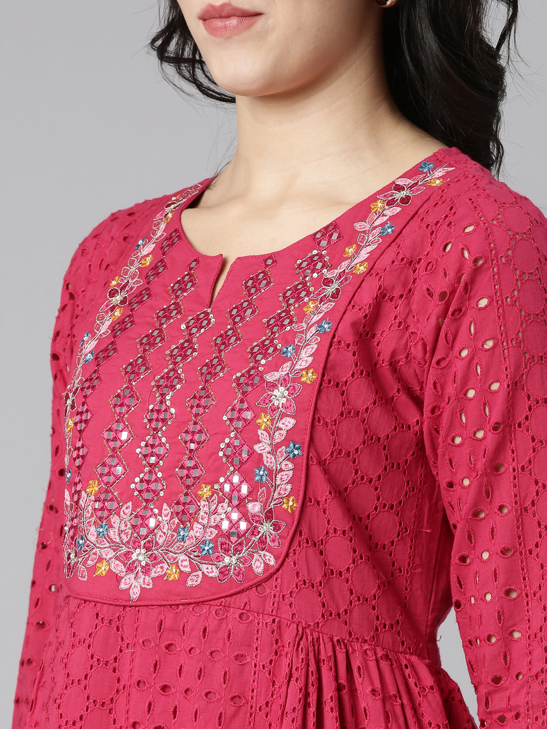 Neerus Pink embroidered straight kurta set with dupatta - detail view 1