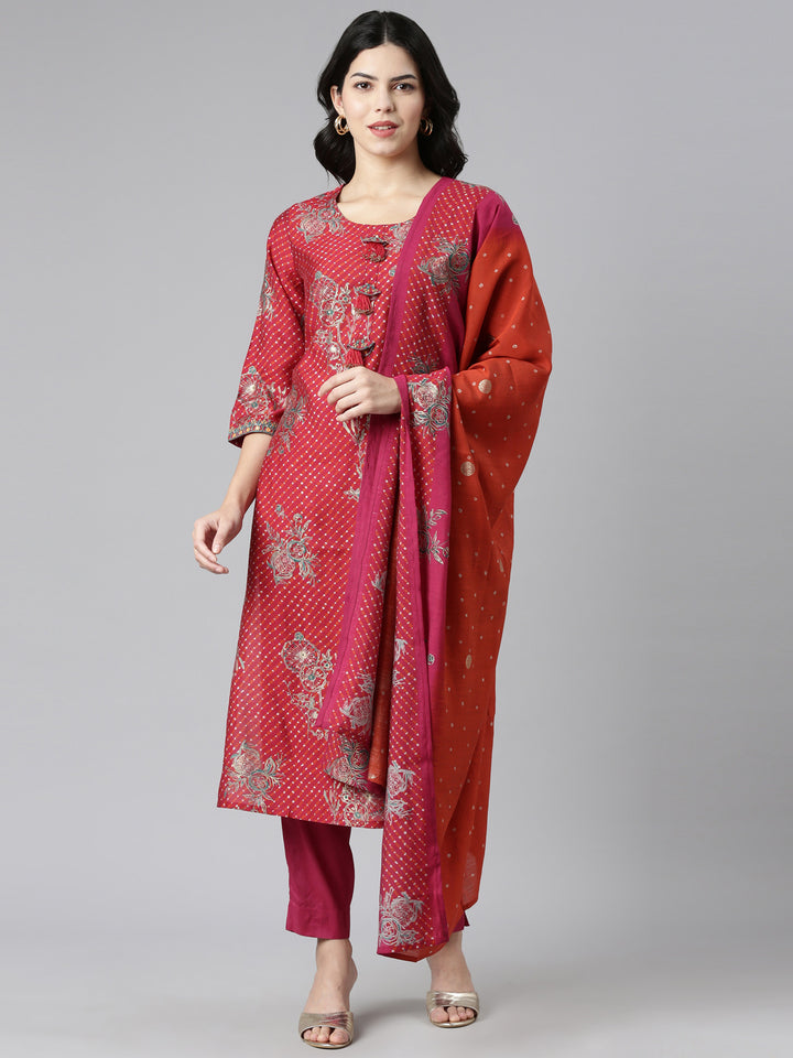 Neerus Red Regular Straight Printed Kurta And Trousers With Dupatta