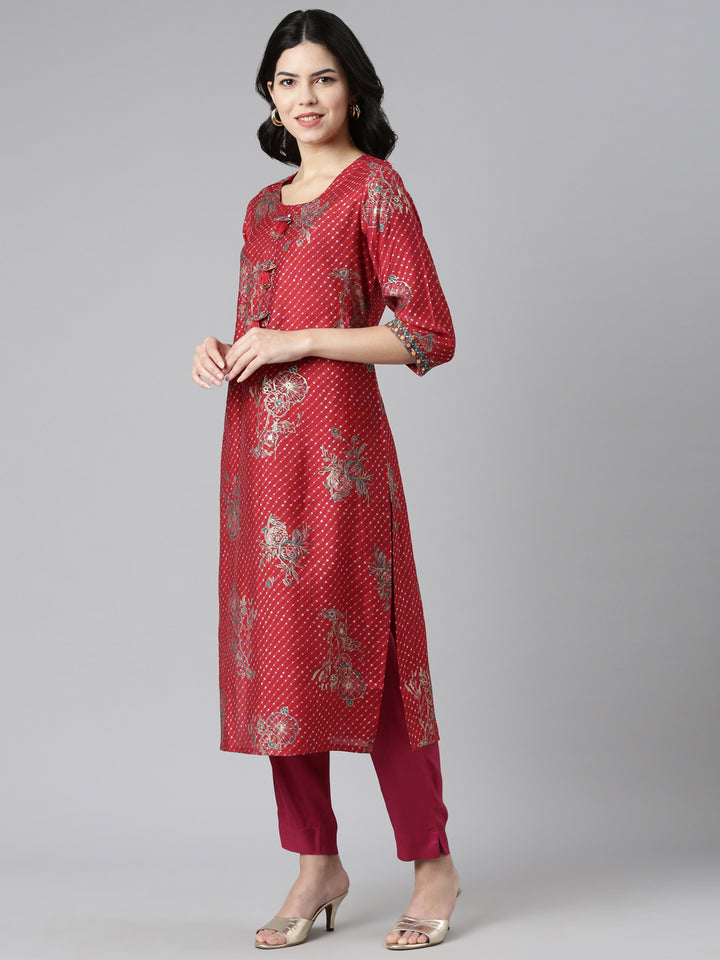 Neerus Red Regular Straight Printed Kurta And Trousers With Dupatta