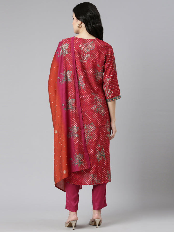 Neerus Red Regular Straight Printed Kurta And Trousers With Dupatta