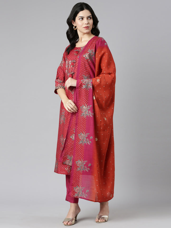Neerus Red Regular Straight Printed Kurta And Trousers With Dupatta
