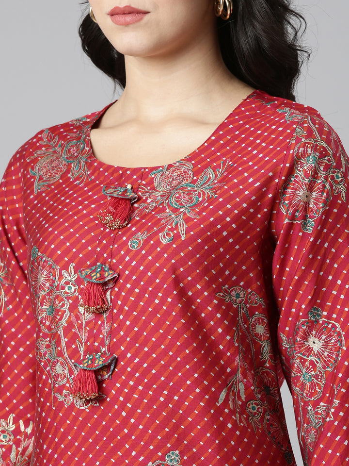 Neerus Red Regular Straight Printed Kurta And Trousers With Dupatta