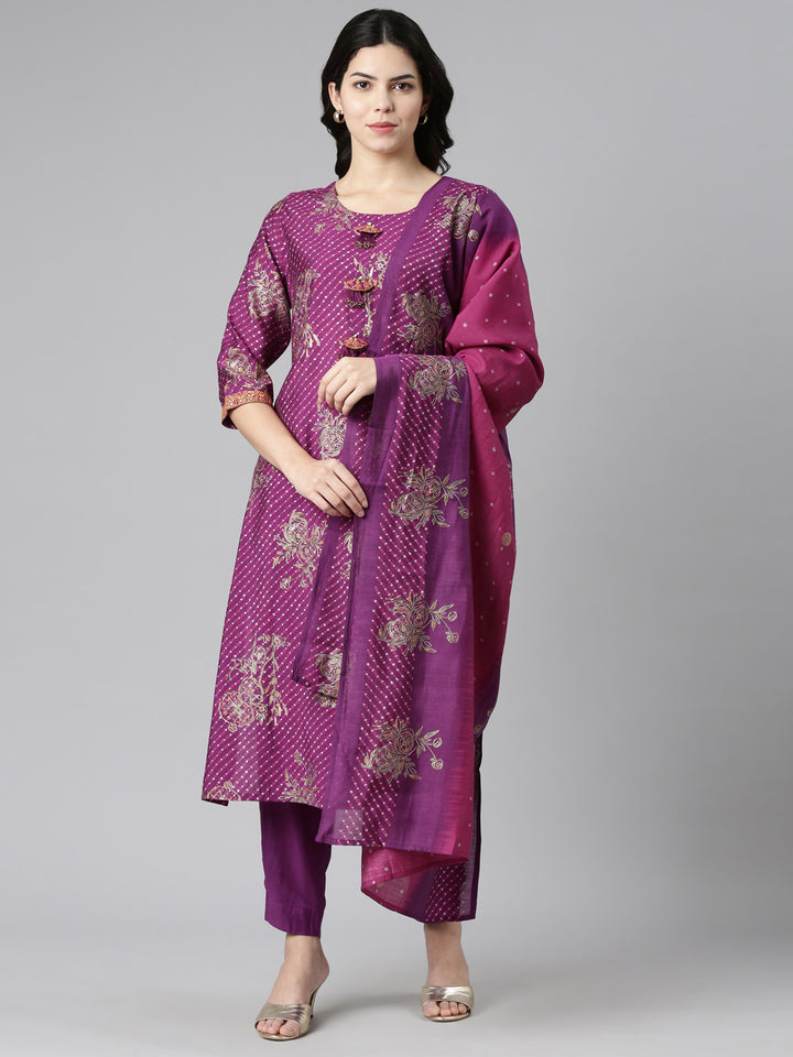 Neerus Purple Regular Straight Printed Kurta And Trousers With Dupatta