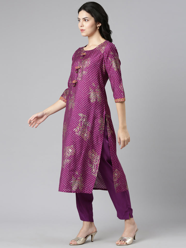 Neerus Purple Regular Straight Printed Kurta And Trousers With Dupatta