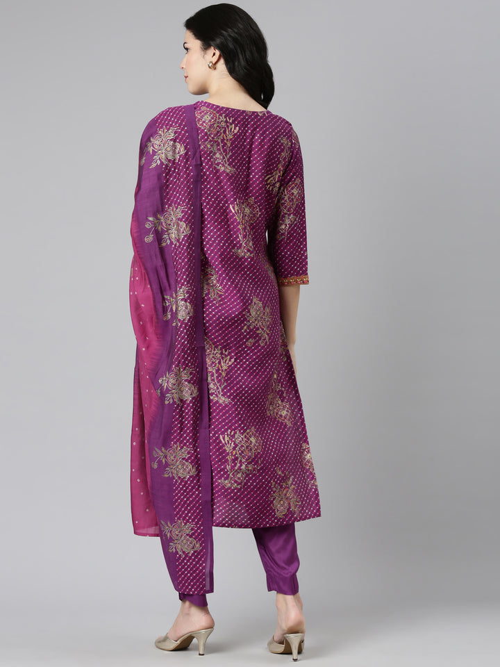 Neerus Purple Regular Straight Printed Kurta And Trousers With Dupatta