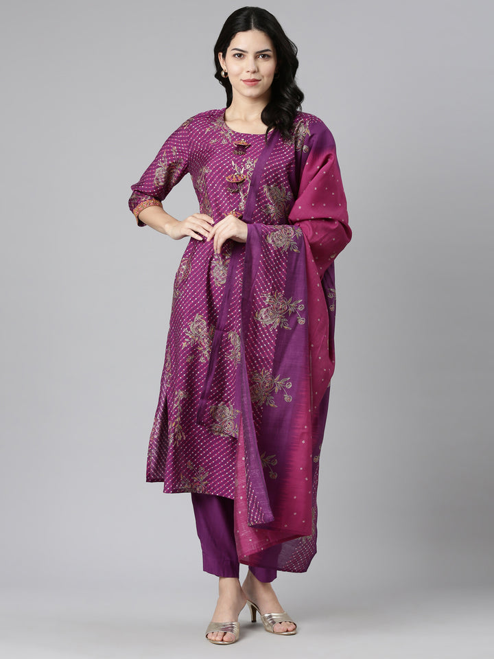 Neerus Purple Regular Straight Printed Kurta And Trousers With Dupatta