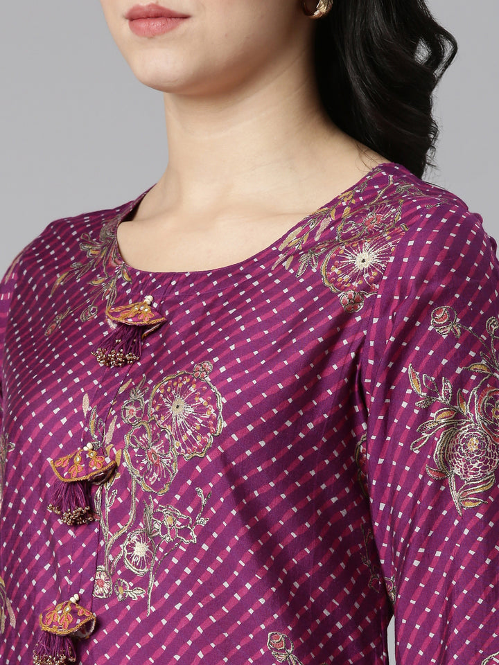 Neerus Purple Regular Straight Printed Kurta And Trousers With Dupatta