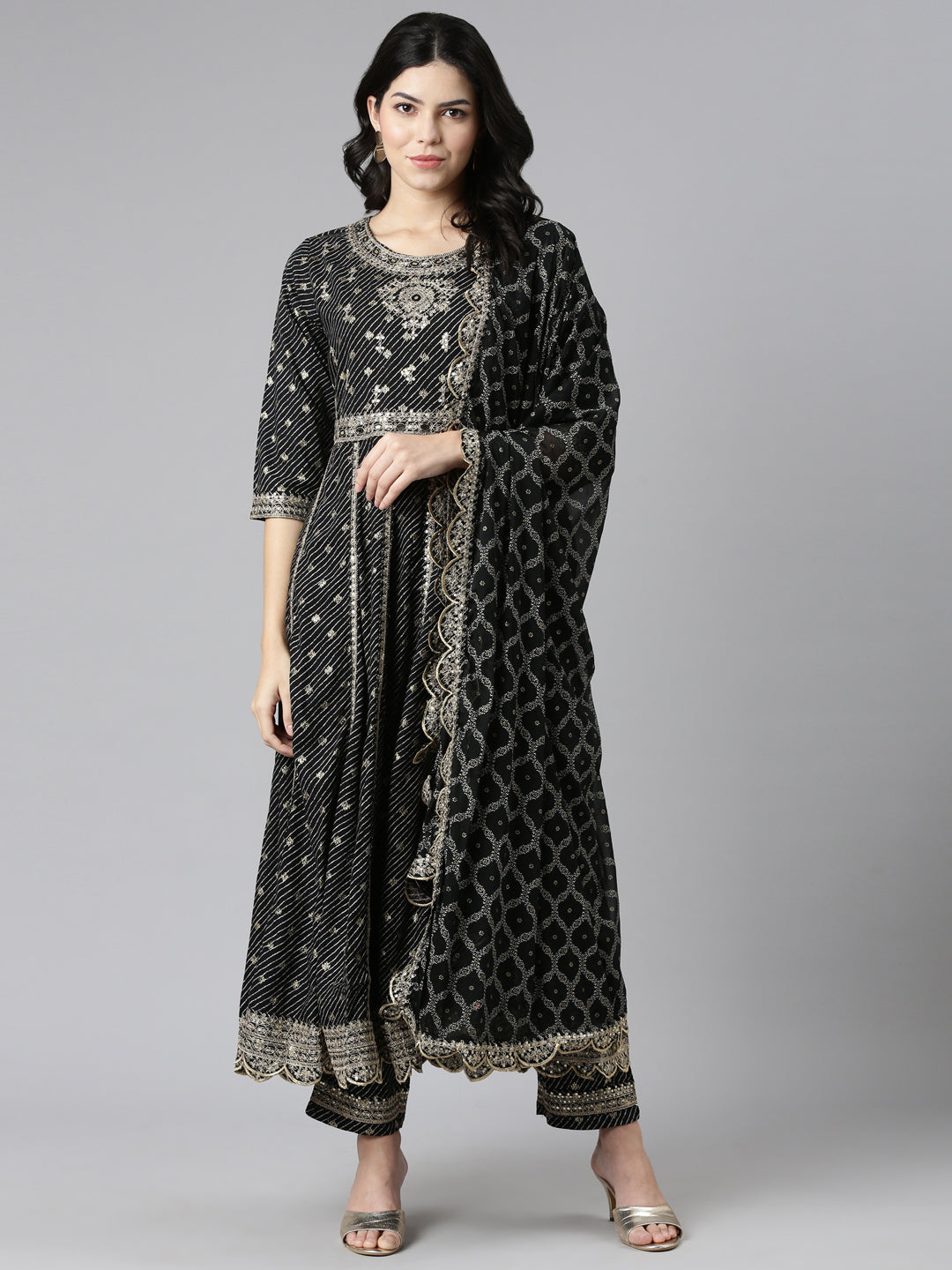 Neerus Black Pleated Straight Embroidered Kurta And Trousers With Dupatta