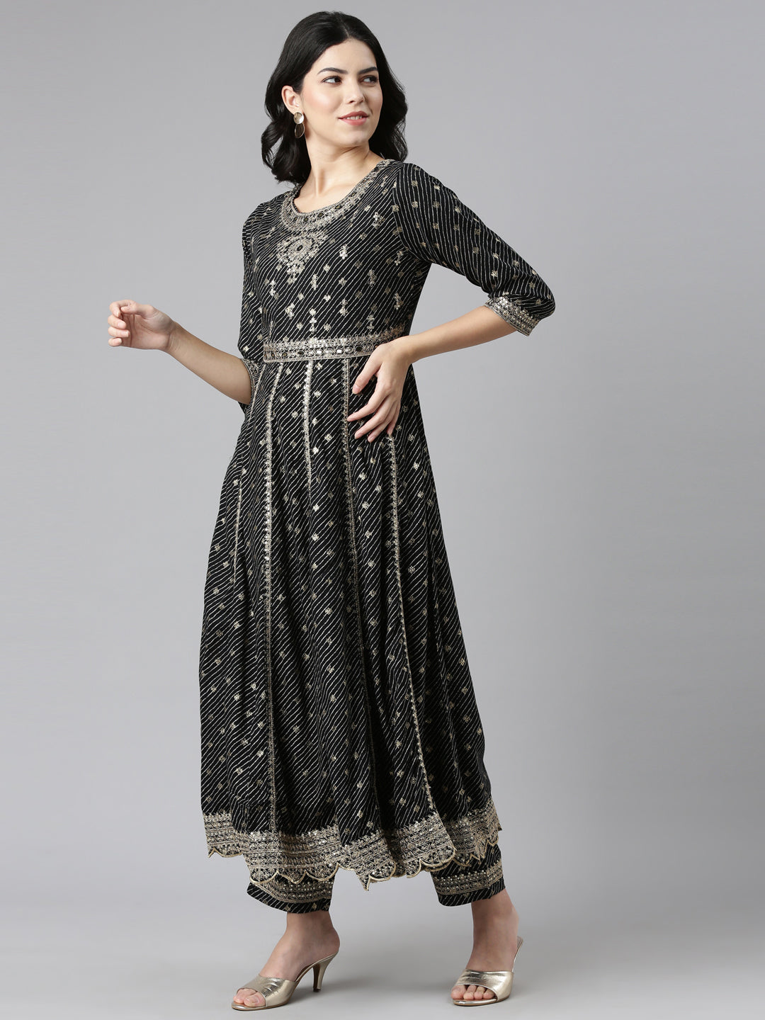 Neerus Black Pleated Straight Embroidered Kurta And Trousers With Dupatta