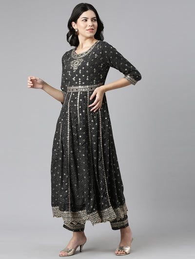 Neerus Black Pleated Straight Embroidered Kurta And Trousers With Dupatta
