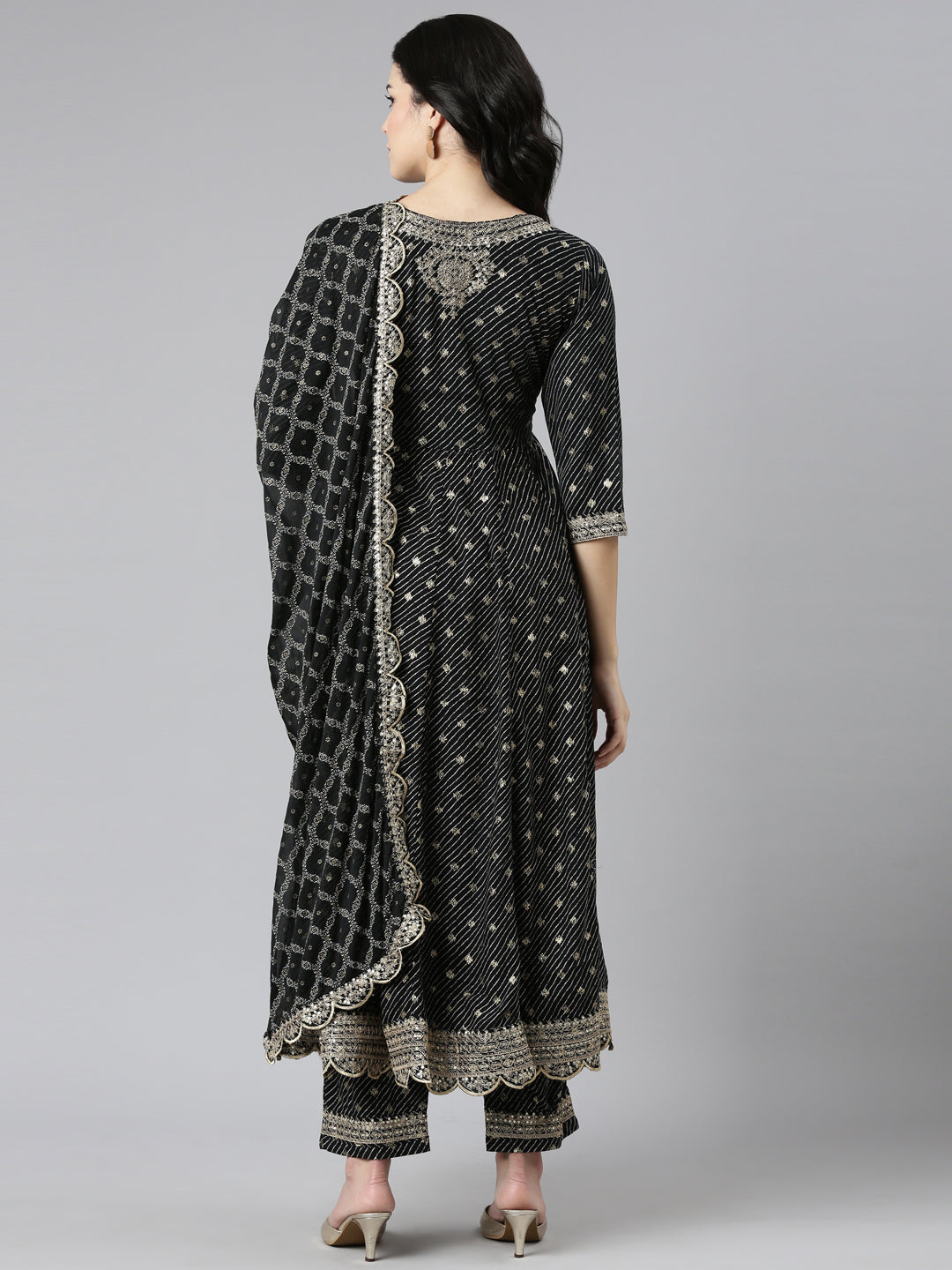 Neerus Black Pleated Straight Embroidered Kurta And Trousers With Dupatta