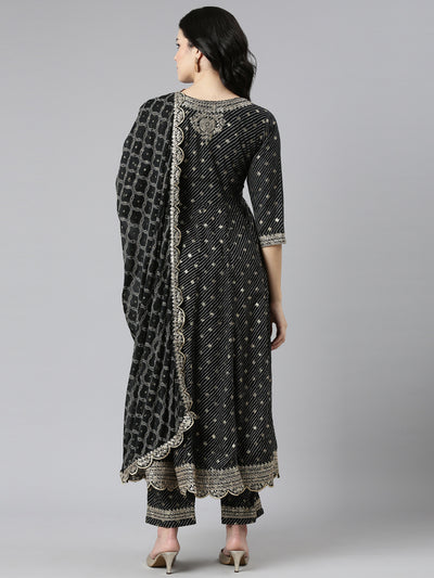 Neerus Black Pleated Straight Embroidered Kurta And Trousers With Dupatta