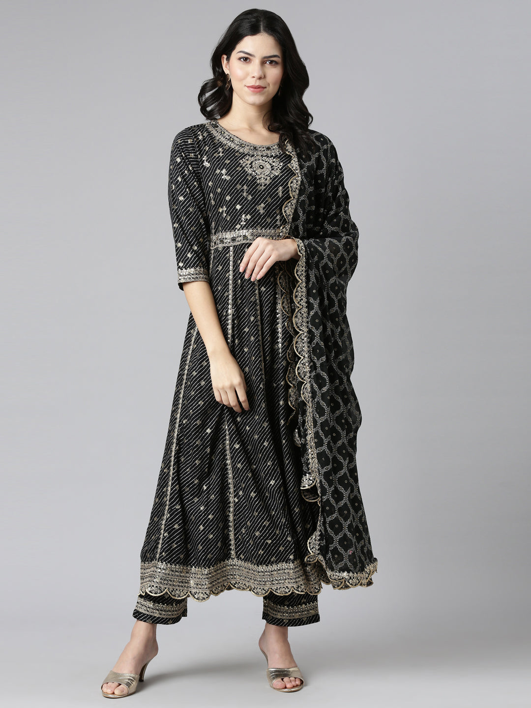 Neerus Black Pleated Straight Embroidered Kurta And Trousers With Dupatta