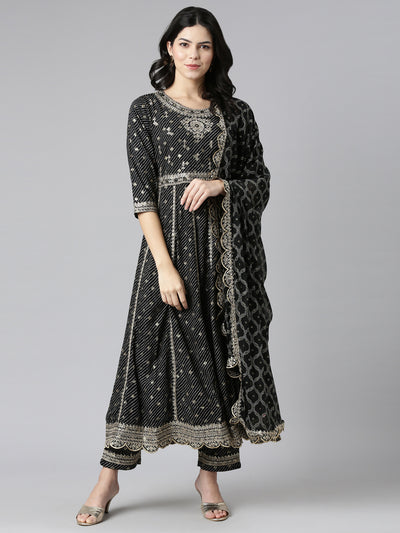 Neerus Black Pleated Straight Embroidered Kurta And Trousers With Dupatta